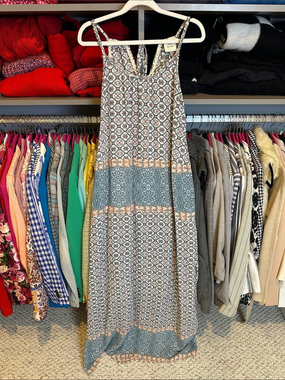 Knox Rose blue/white/pink print sleeveless back tie side slits maxi dress size S
